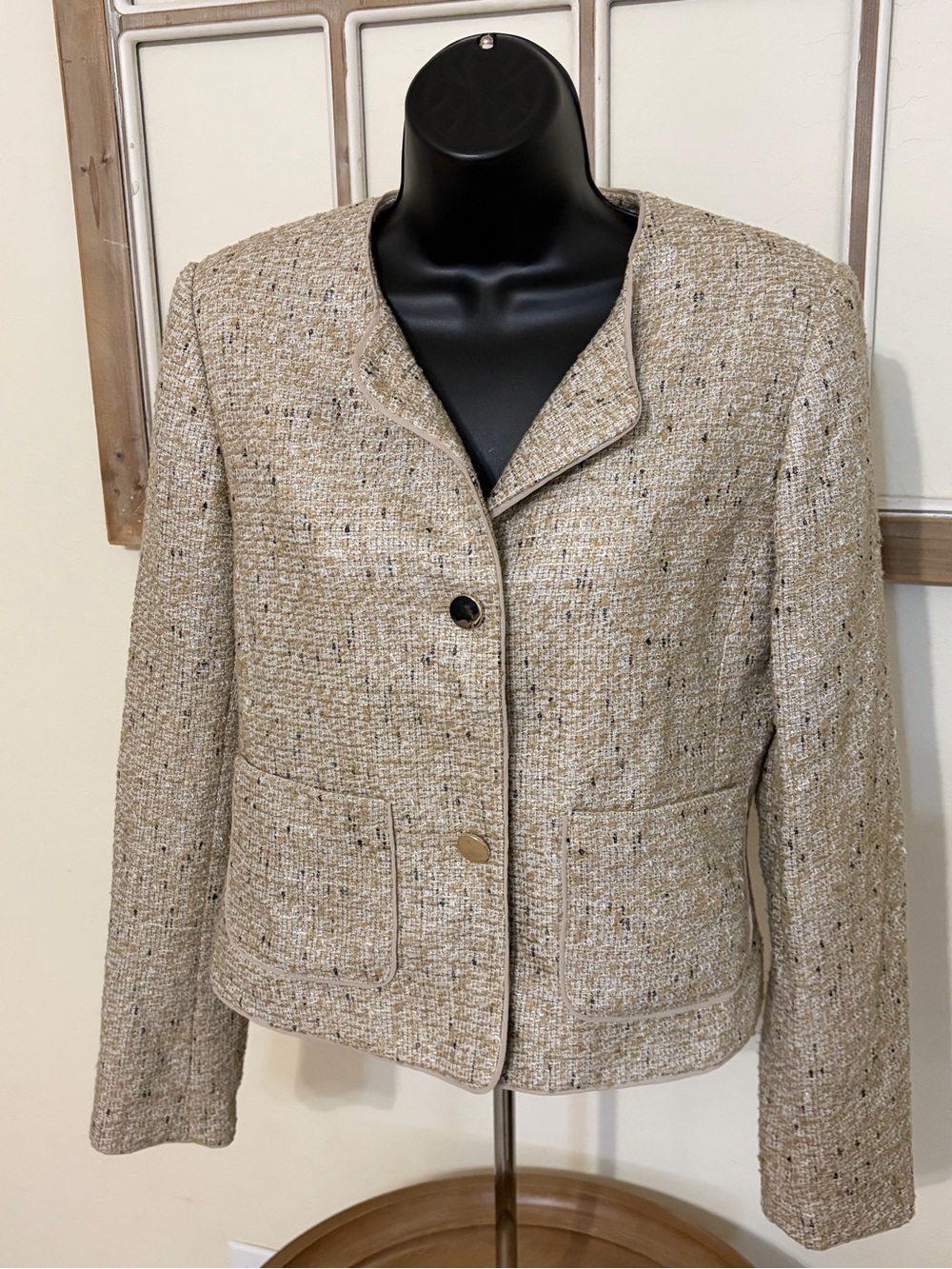 Calvin Klein Beige Tweed Collarless Blazer